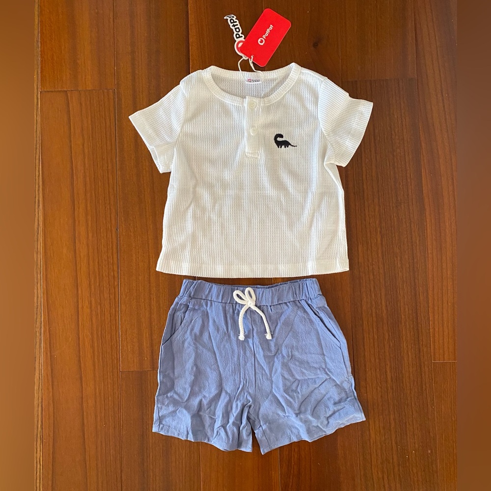 Patpat white dinosaur embroidery ribbed tee with light blue drawstring shorts